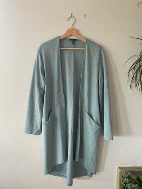Valette Sage Green Longline Open Front Duster Cardigan with Pockets Size S